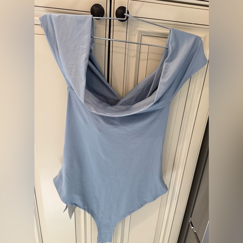 Cider Light Blue Draped Neck Blouse